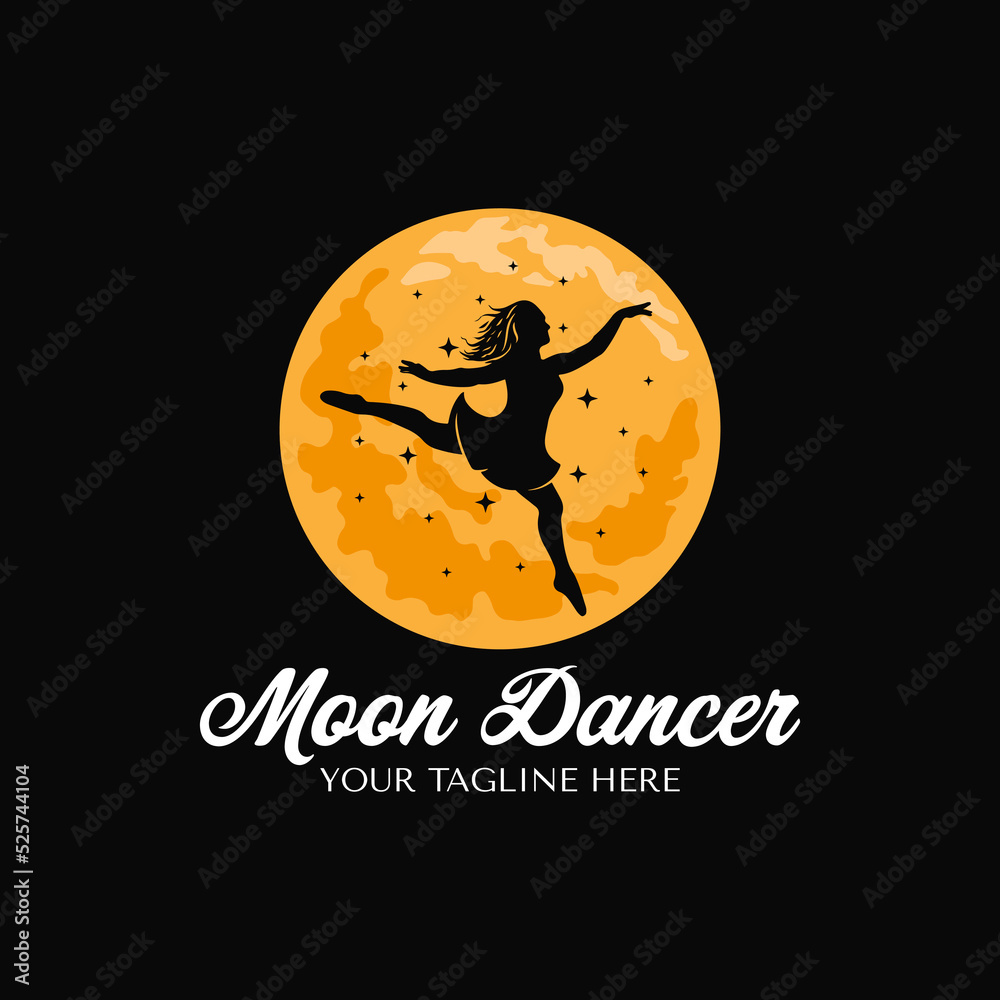 Jumping ballerina dancer with yellow moon background logo design template