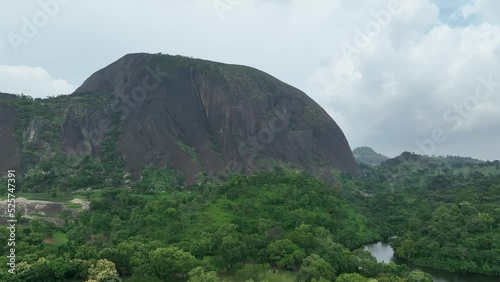 AERIAL - Zuma Rock monolith, Abuja, Nigeria, wide shot forward photo