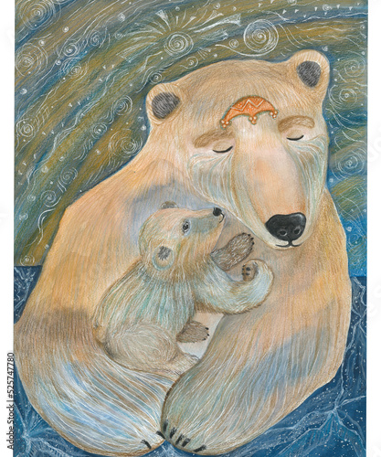 Polar bears illustration . children's book , mother and child , warm feelings of motherhood , color background , mixed media , blank for print