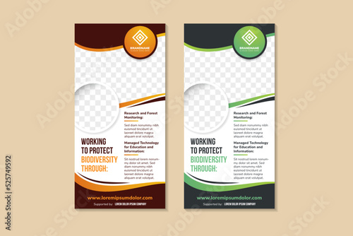 Roll up Banner template design for promotion of working to protect biodiversity. vertical layout with space for photo collage and text. yellow and green gradient elements and white background.