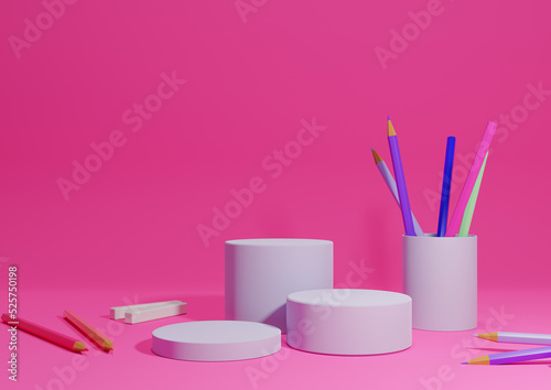 Bright magenta, neon pink 3D illustration back to school product display three podium or stand, horizontal image from side with pencils and chalk on table for product photography background