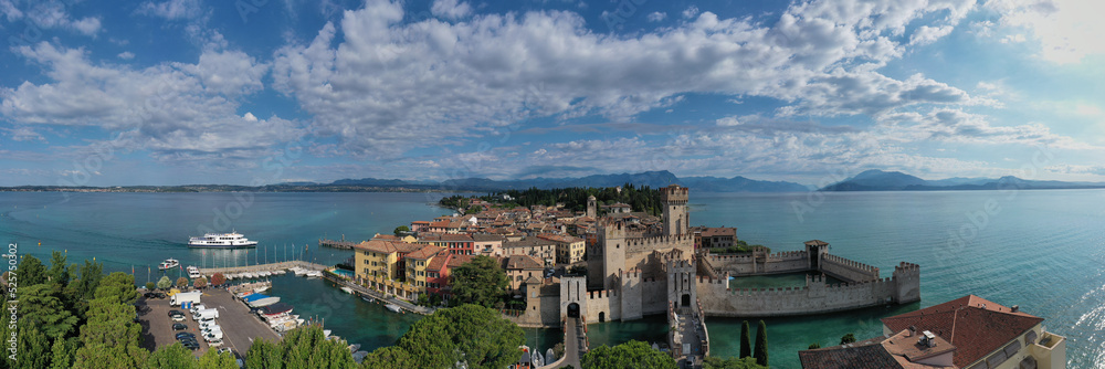 The famous Scaligero Castle, Sirmione on Lake Garda Italy. Panorama of Scaligero Castle aerial view.