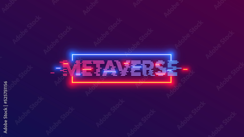 Word metaverse consisted neon lines in retro tech style. Vr and AR technology poster. Virtual and augmented reality digital entertainment concept. Neon light metaverse letters on dark background.