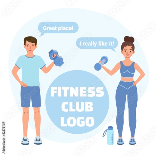 Young people lead healthy lifestyles, exercise and share their impressions of the gym. A woman and a man use dumbbells and work out. Promotional banner for a fitness center or gym. 