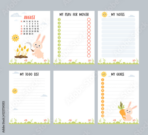 August 2023. Farm calendar planner with cute rabbit with sickle and spikelets, harvesting. Vector set of vertical page templates to-do list, my plan and notes. Week from Sunday in English.