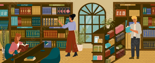 People looking for books in library. Students study and reading books in public library. Concept vector illustration. Men and women surrounded by shelves and racks with books