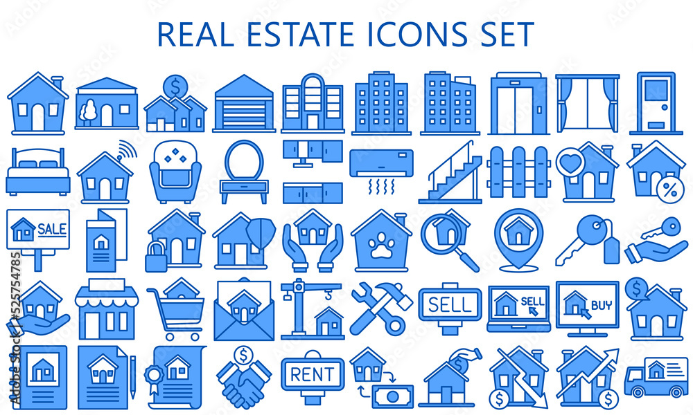 Real Estate blue color icons set. Included the icons as realty, property, mortgage, home, elevator, apartment and more. Simple vector illustration for ui or ux kit. EPS 10 ready convert to SVG.