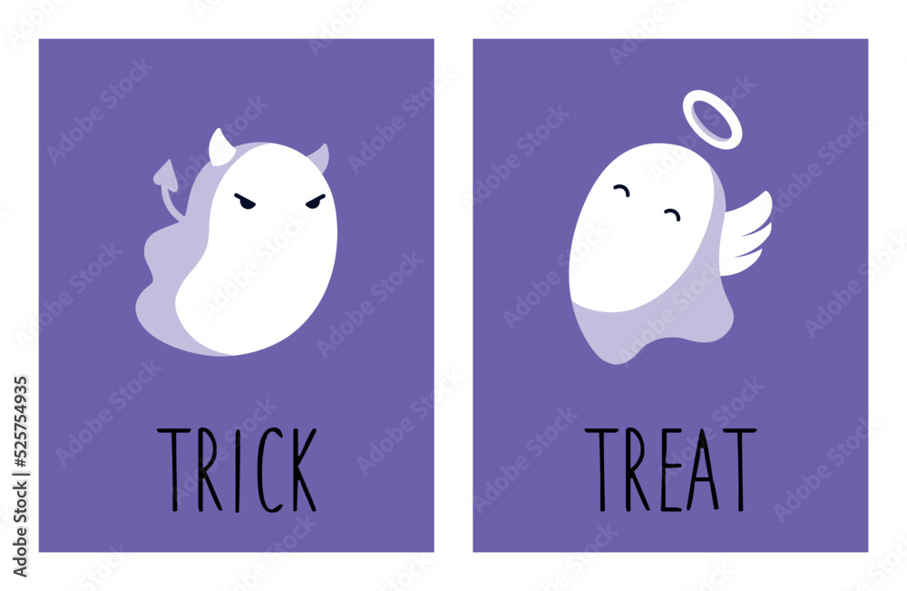 Set of cute cards with ghosts for Halloween party. Cute ghosts in devil and angel costumes. The inscription on the card 