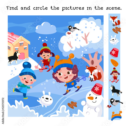 Find and circle objects. Educational game for children. Cute children and animals in winter. Children skiing and skating. Characters in cartoon style. Vector illustration.