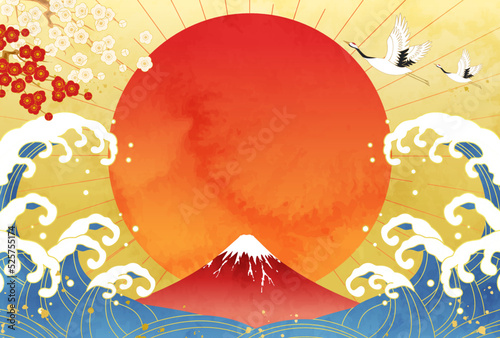 水彩の初日の出と波しぶきのベクターイラスト背景