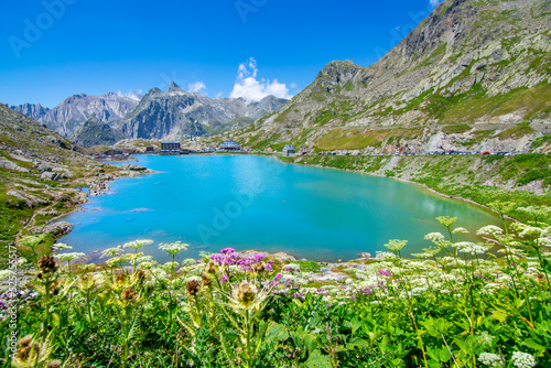 Amazing landscapes at the Great Saint Bernard pass, borders of Italy, France, Switzerland.