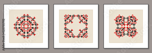 Set of posters with traditional Ukrainian embroidery ethnic ornament vyshyvanka