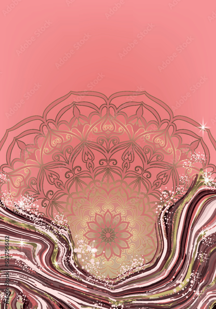 Luxury background with pink marble with golden cracks and Mandala. Design for cover, invitation, flyer, etc.