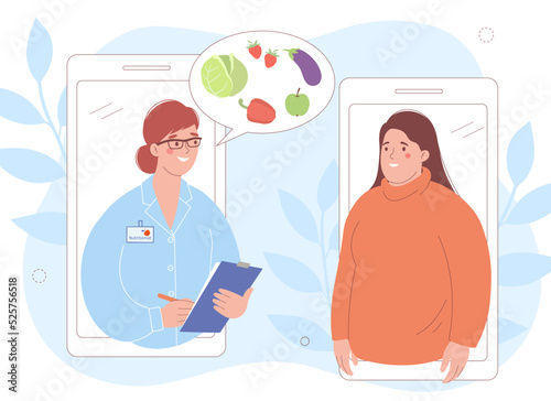 Online consultation. Female dietitian advises an overweight woman, doctor gives recommendations on proper nutrition. Concept of healthy lifestyle and proper nutrition.