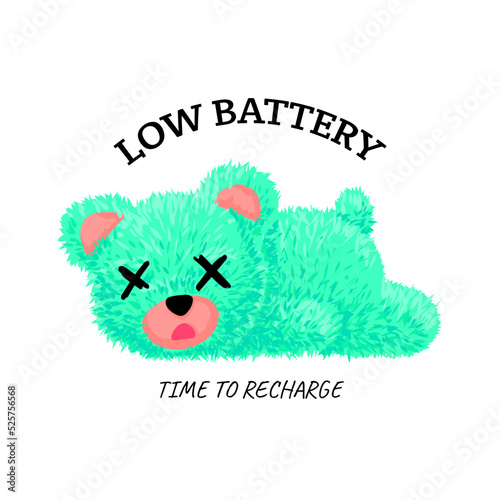 cute teddy bear toy mint color exhausted on the ground for t-shirt print design vector illustration with slogan "Low battery" and "time to recharge" Pop art concept
