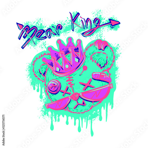 cute teddy bear toy punk style with crown for t-shirt print design vector illustration and slogan "Bear King"