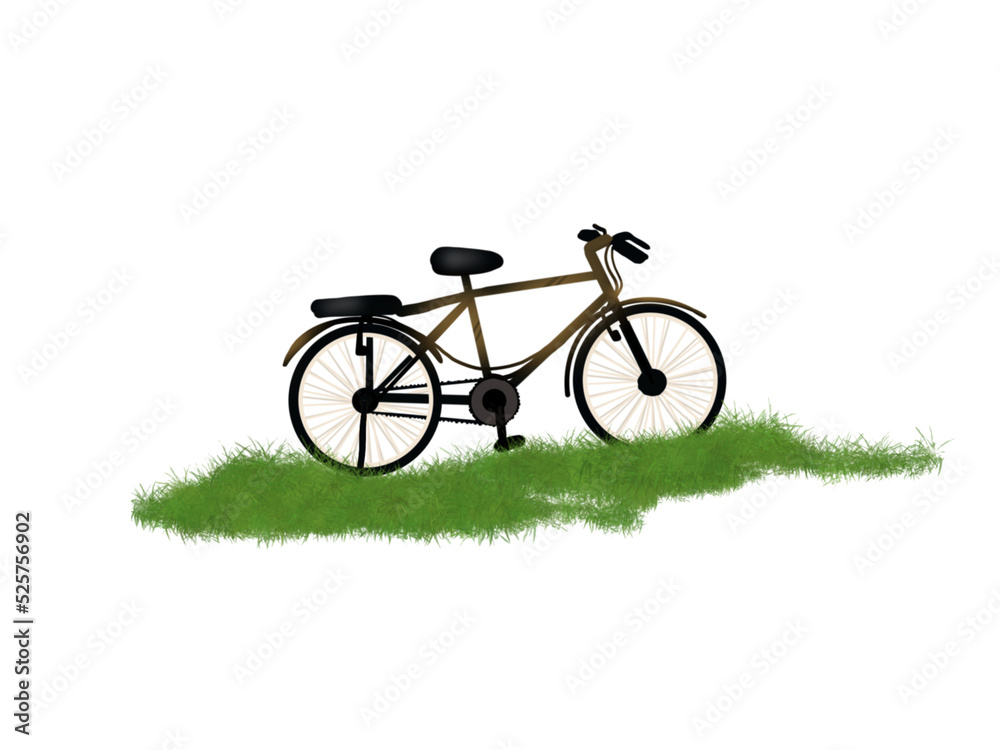 Black bike on the grass.  Illustration in png format.