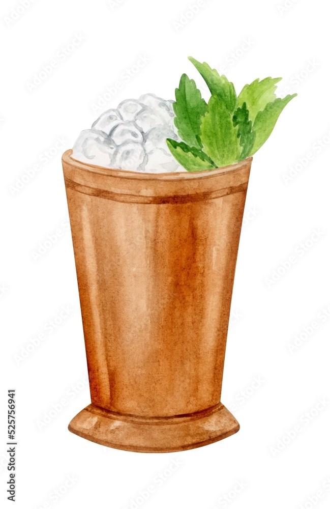 Mint Julep cocktail watercolor hand drawn illustration. Drink clipart