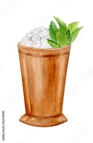 Mint Julep cocktail watercolor hand drawn illustration. Drink clipart on white background.