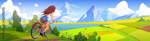Woman riding bicycle cartoon illustration. Vector image of young female character cycling against scenic mountain lake background with green field and blue sky. Active summer hobby. Healthy lifestyle
