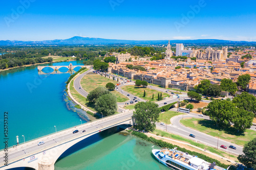 Avignon Bridge with Popes Palace and Rhone River, Pont Saint-Benezet, Provence, France.