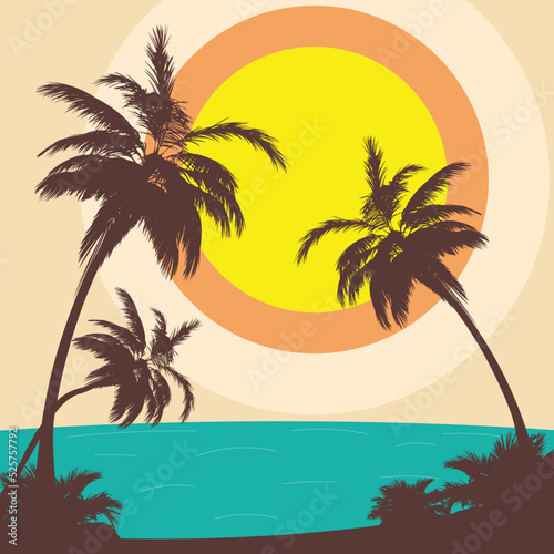 Fototapeta Naklejka Na Ścianę i Meble -  Palm trees on island retro poster