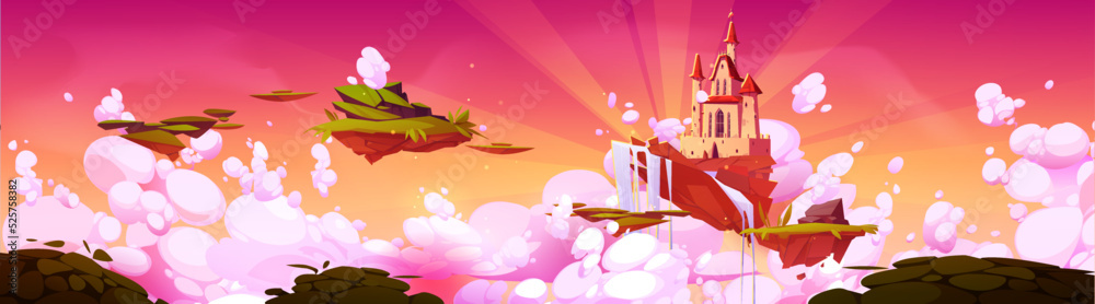 Game fantasy landscape with castle and waterfall on floating islands at sunset. Ground pieces of summer landscape with magic royal palace flying in sky with clouds and sun rays, vector cartoon scene