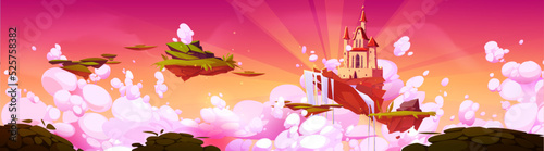 Game fantasy landscape with castle and waterfall on floating islands at sunset. Ground pieces of summer landscape with magic royal palace flying in sky with clouds and sun rays, vector cartoon scene