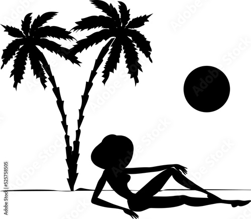 A young,    girl,  blue,  bathing suit, resting
seashore,r palm trees.