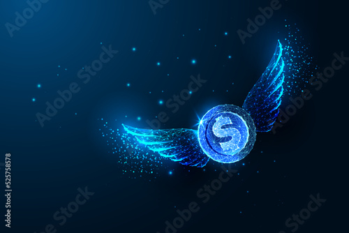 Concept of flying money, finance spending, easy cashless payment in futuristic glowing style on blue
