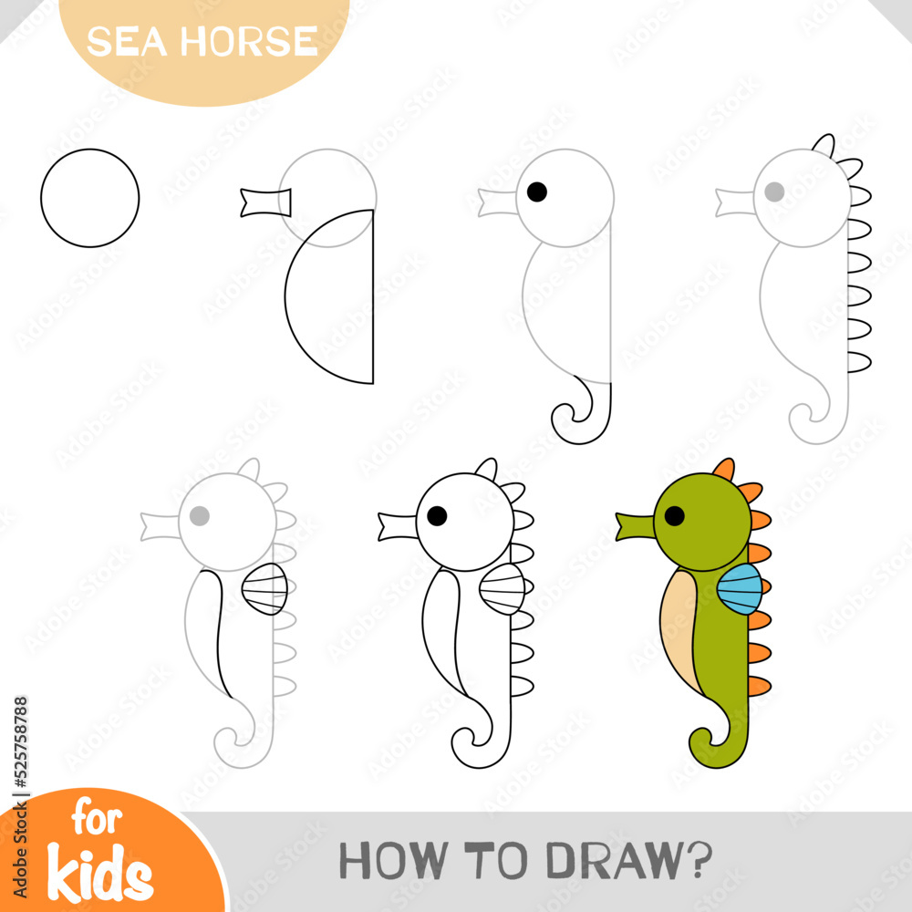 How to draw Sea horse for children Step by step drawing tutorial Stock