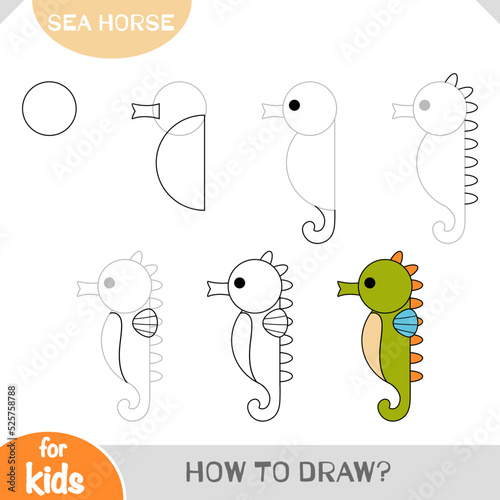 How to draw Sea horse for children. Step by step drawing tutorial