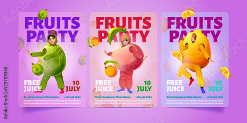 Set of cartoon fruits party poster templates. Vector illustration of colorful flyers with happy young people wearing funny gooseberry, peach, lemon costumes. Invitation for summer entertainment event