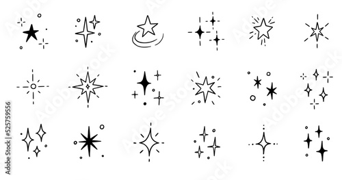 Line star glitter shine of doodle set. Star shine glow, spark glitter, sparkle light vector illustration. Hand drawn sketch doodle style..