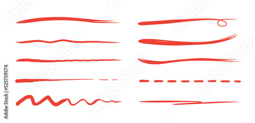 Red brush stroke underline. Marker pen highlight stroke. Vector swoosh brush underline set for accent, marker emphasis element..