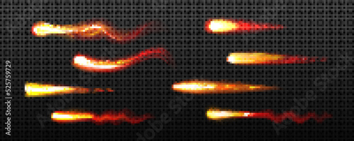 Fire trails, flying asteroids, comets, glowing lines with light sparks, cracker, magic fire ball or wand trace motion vfx effect. Isolated petards, bright glow sparkles, Realistic 3d vector set