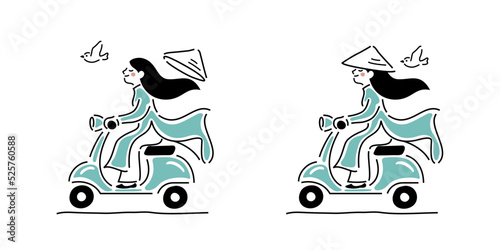 Vietnamese girl in Ao dai, scooter, flat vector illustration