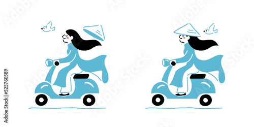 Vietnamese girl in Ao dai, scooter, flat vector illustration