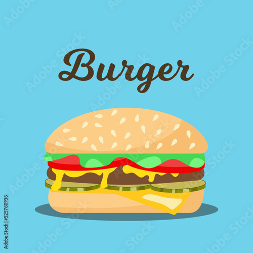 Cartoon Burger with Lettuce  Tomato  cucumber  sauce  cheese. Delicious vector fast food cheeseburger illustration. Burger illustration