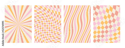 Groovy rainbow pastel backgrounds. Chessboard, grid, waves, swirl, vortex pattern.. Twisted and distorted vector texture in a trendy retro psychedelic style. The aesthetics of the hippies of the 70s.