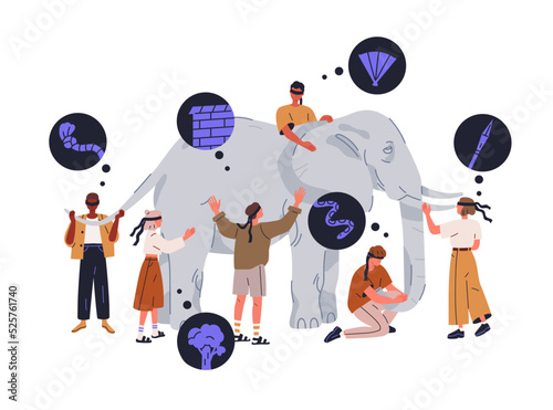 Blind, blindfold people touching elephant parable story. Philosophy concept of different viewpoints, interpretations, opinions, judgments. Flat graphic vector illustration isolated on white background