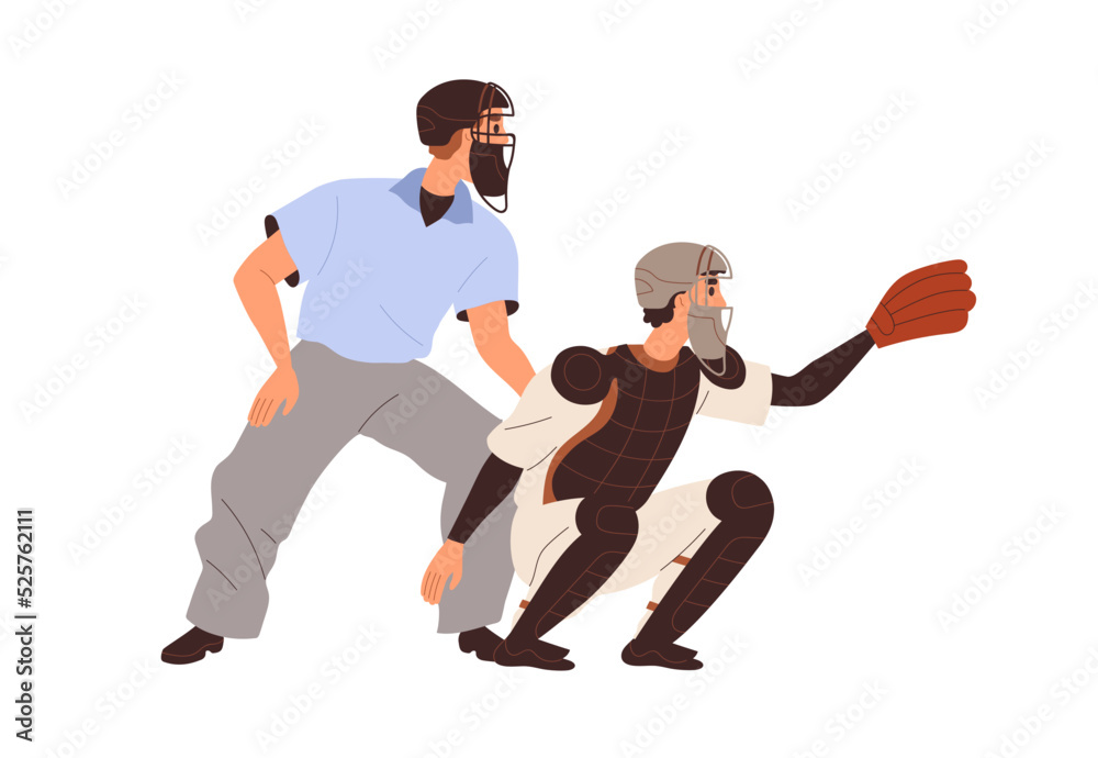 Baseball player pitcher and umpire in helmet. Athlete playing softball