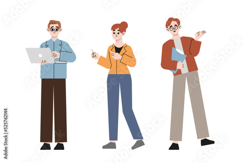 Standing business meeting. Three people in casual clothing having a stand up meeting and discussion in office. Flat vector illustration isolated on white background