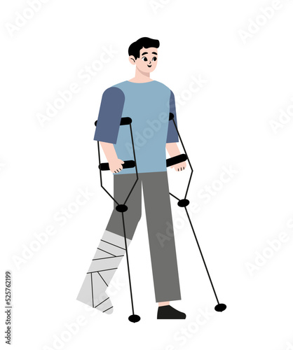 Bone injury or fracture of young patient. Man walking with crutches and gypsum on broken leg. Rehabilitation and treatment after accident. Flat vector illustration isolated on white background