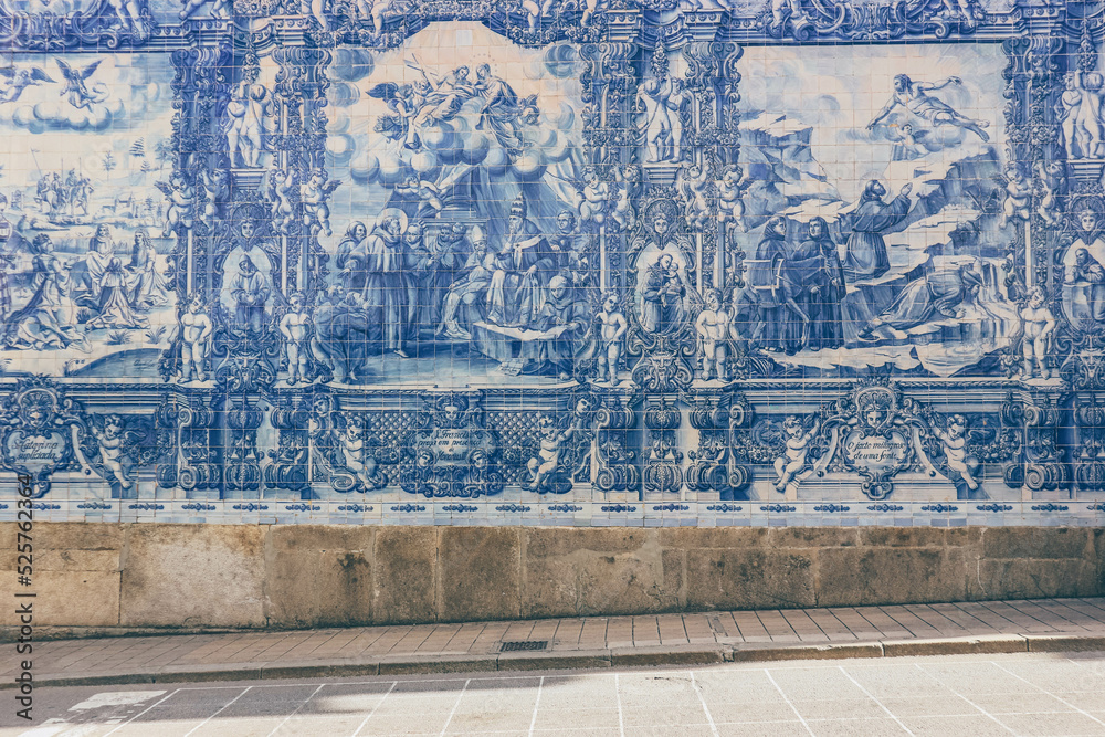 Details of historical paintings in ancient church using blue traditional tiles 