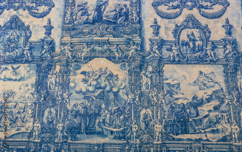 Details of historical paintings in ancient church using blue traditional tiles 