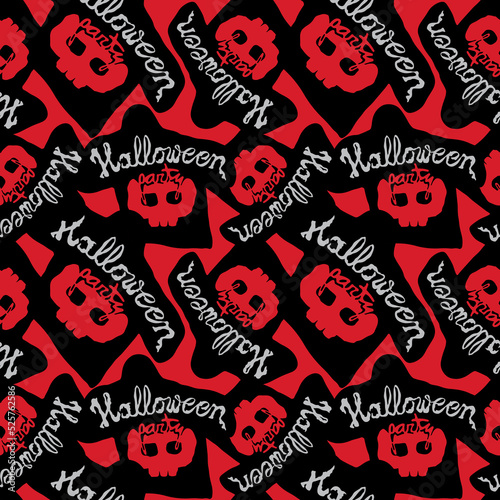 Halloween Party hand lettering, black and red colours. Seamless pattern for Halloween.