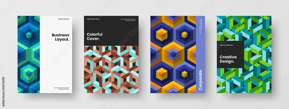 Modern mosaic hexagons presentation layout bundle. Minimalistic company brochure A4 vector design concept set.