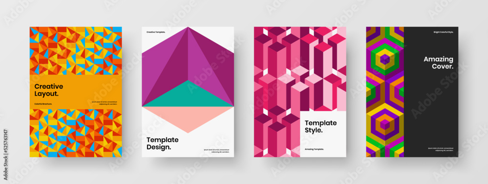 Colorful geometric shapes pamphlet layout bundle. Fresh company cover A4 vector design illustration set.