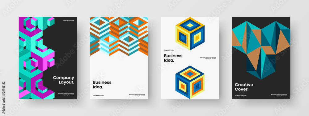 Isolated geometric tiles company identity template set. Modern pamphlet A4 design vector illustration collection.